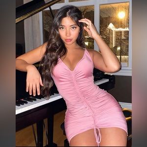 Pink strappy ruched short dress